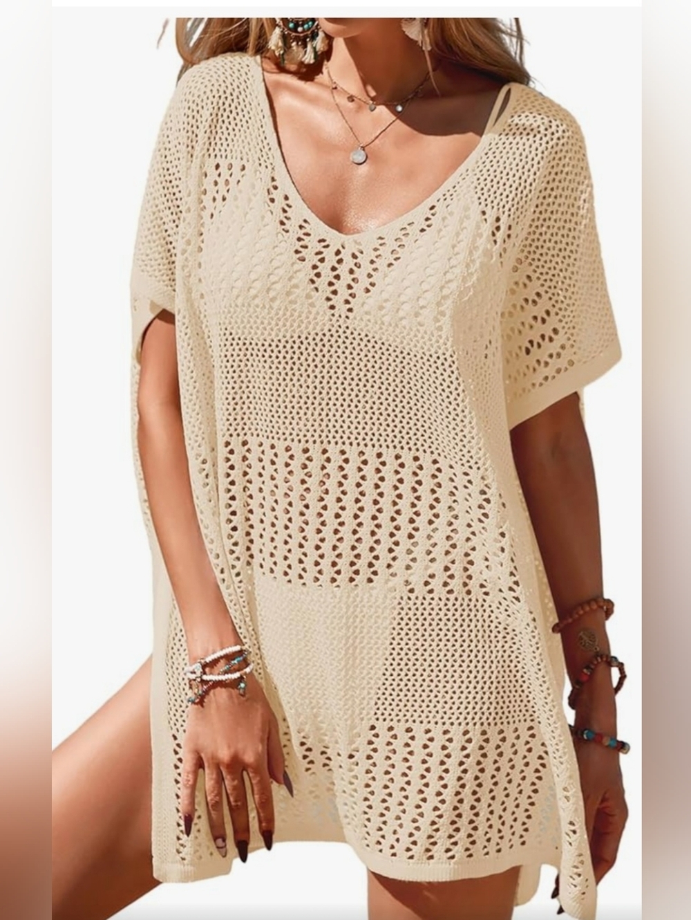 Elegant Cream Crochet Swim Cover-Up. One Size Fits Most